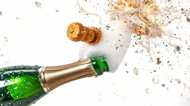 close-up of a champagne bottle with exploding cork, white background, realistic style, celebrating success and achievements
