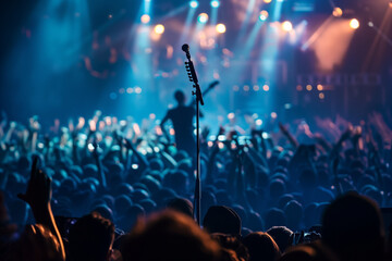 Capture the guitarist amidst a sea of cheering fans, with the microphone stand symbolizing the...