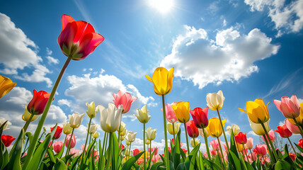 Vibrant field of colorful tulips under blue sky