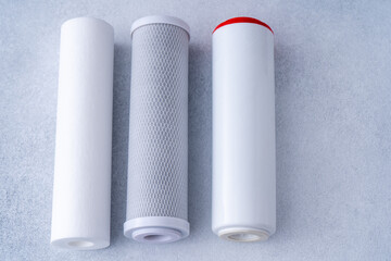 Water filters. Carbon and mechanical filter for home. Purification and filtration of drinking water...