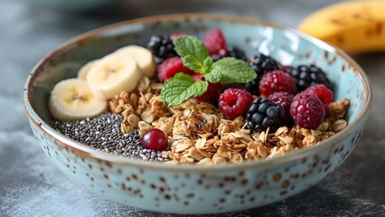 A Nourishing Breakfast Bowl with Granola, Chia Seeds, Banana, and Wild Berries. Concept Healthy Breakfast, Nutritious Meal, Energizing Start, Fruit and Granola Bowl