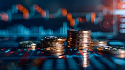 Digital candlestick chart background for virtual currency trading view with coins. Concept Virtual Currency Trading, Candlestick Chart, Digital Background, Coins, Trading View