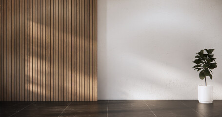 Architecture and interior concept Empty room wood docoration wall on granite floor.
