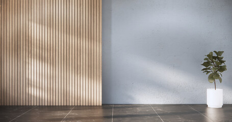 Architecture and interior concept Empty room wood docoration grey wall on granite floor.