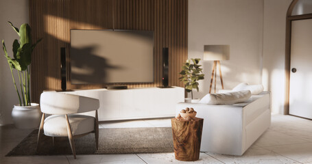 Living room modern minimal style with armchair on tiles granite floor.