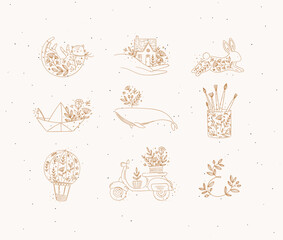 Floral elements house, cat, rabbit, origami boat, whale, glass with brushes, hot air balloon, scooter drawing in hand-drawing style on beige background