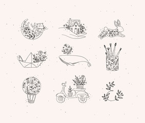 Floral elements house, cat, rabbit, origami boat, whale, glass with brushes, hot air balloon, scooter drawing in hand-drawing style with black on beige background