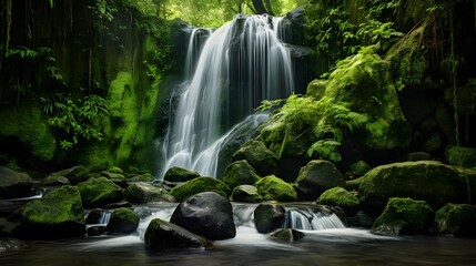 Beautiful waterfall in the deep forest. Panoramic image.