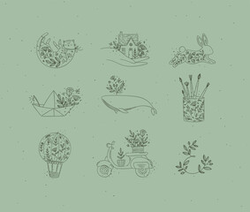 Floral elements house, cat, rabbit, origami boat, whale, glass with brushes, hot air balloon, scooter drawing in hand-drawing style on green background