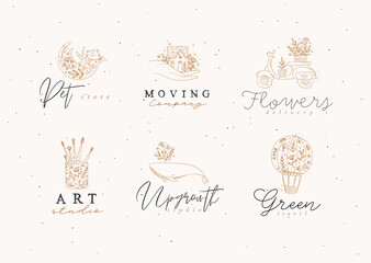 Floral labels house, cat, whale, glass with brushes, hot air balloon, scooter with lettering drawing in hand-drawing style on beige background