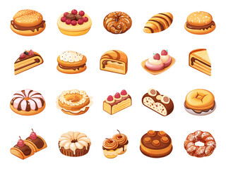 Cartoon Bakery Delicacies. Vector Set of Sweet Baked Goods Icons in Simple Flat Style for Pastry, Confectionery, Dessert, Bakery, Culinary, Food, and Cuisine Concepts