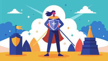 With a shield of Stoic virtues by their side a person confidently faces their fears and overcomes obstacles.. Vector illustration