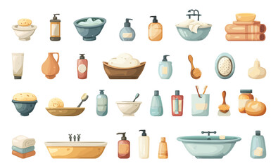 Cartoon Bath Treatments. Icon Set in Simple Flat Style for Shower, Bath, Relaxation, Wellness, Spa, Hygiene, Personal Care, Self-Care, Pampering, and Bathroom Concepts