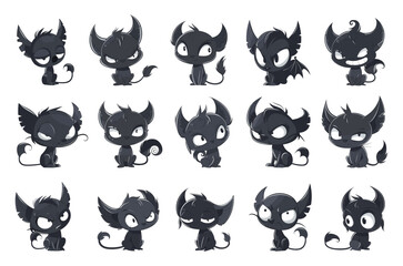 Cartoon Black Devil. Kitty demon Character Icons Set on White Background for Devil, Evil, Mischief, Halloween, Demon, Supernatural, Fantasy, and Spooky Themes