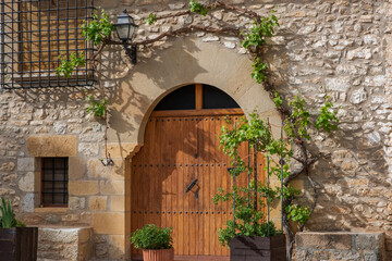 Naklejka premium Vintage old stone walls on narrow cozy street of a medieval village in Provence, France. View of traditional old stone houses covered in green vines.