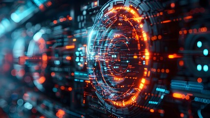 Obraz premium Futuristic Firewall Manifested as Holographic Shield Protecting Digital Realm with Swirling Data Streams and Converging Code Fragments