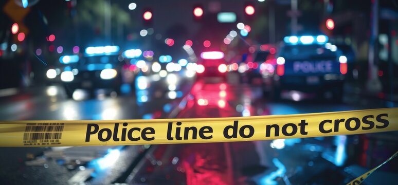 "American Suburban Scene Behind Yellow 'Police Line Do Not Cross' Tape, Symbolizing Law Enforcement Presence and Scene Investigation"