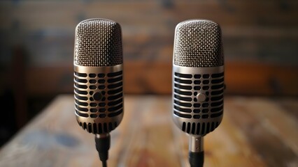 Dual microphones ideal for recording podcasts or interviews capturing clear conversations. Concept Podcast Equipment, Interview Gear, Dual Microphones, Recording Studio Setup