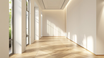 Obraz premium Wide angle of the corridor interior showing windows, walls and a white parquet floor with abstract light