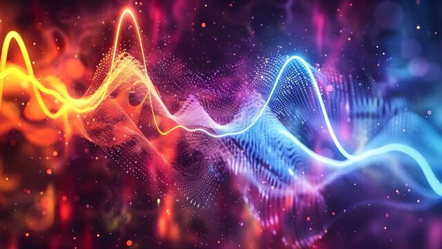 Dynamic 3D sound wave visual background with neon lines and high frequencies. Concept Sound Wave Visualization, Neon Lines, High Frequency, 3D Design, Dynamic Background
