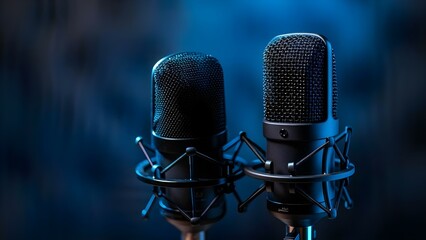 Two professional microphones for highquality podcast or interview recordings in a studio. Concept Professional Podcasting, High-quality Recording, Studio Setup, Microphone Selection