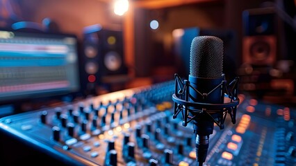 Studio setup includes digital recording equipment with microphone for highquality audio. Concept Audio recording, Studio setup, High-quality equipment, Microphone, Digital recording