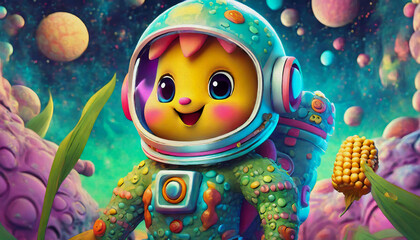 oil painting style cartoon character corn Cosmonaut in space suit in outer space