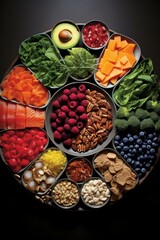 A variety of healthy foods arranged in a circle on a dark background