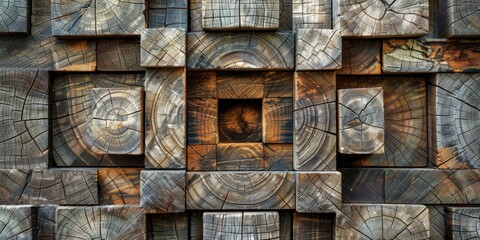 Wooden blocks of different sizes arranged together to form a wall.