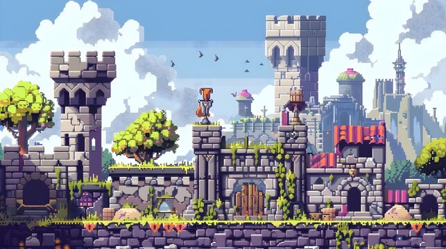 Retro Pixel Art Fantasy Sci-Fi Adventure World with Vibrant Blocky Environments and Chiptune Soundtrack