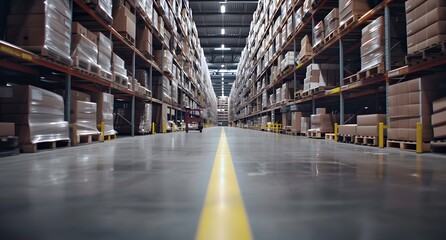 
industrial warehouse with high shelves and boxes with yellow safety stripes on the floor

