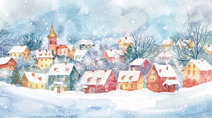 watercolor cartoon of small town with snow falling in winter season