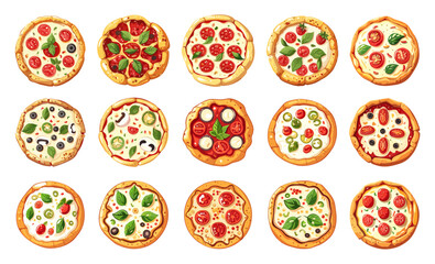 Cartoon Italian Pizzas. Icon Set in Simple Flat Style for Food, Cuisine, Restaurant, Italian Cuisine, Gourmet, Cooking, Traditional, Tasty, Savory, and Flavorful Concepts