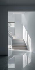 Staircase in a modern house with white walls and light wood steps