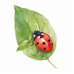 Fototapeta premium A cute watercolor of a ladybug on a leaf, small yet significant, isolated minimal with white background