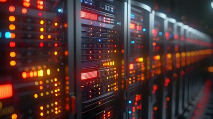 Modern Data Center with Network Servers and Lights,Interior of a modern data center with rows of high-capacity network servers illuminated by multicolored LED lights.

