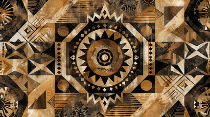 A tribal-inspired geometric print in earthy tones of brown and beige with geometric patterns and tribal motifs that evoke the cultural heritage of indigenous peoples from around the world