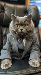 A gray cat wearing a suit and tie is sitting in a leather chair and looking at the camera
