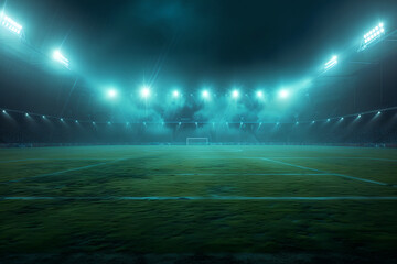 mdern big soccer stadium glows with spotlights in the dark, nighttime sports event, illuminated field, electrifying atmosphere, no people , no players, green grass in a football pitch, Fog effect