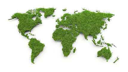 World map made from green grass and leaves. Ecology and green environment concept isolated on dark green background, Generative Ai