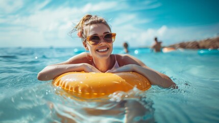Sunny Serenity: Summer 2024 Vibes with Woman on Inflatable Donut