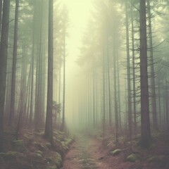 Foggy path in a pine forest