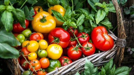 There is a wicker basket filled with ripe tomatoes and green basil.
