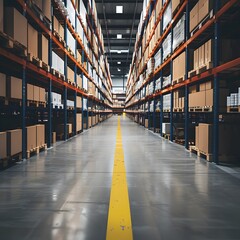 Fototapeta premium industrial warehouse with high shelves and boxes with yellow safety stripes on the floor 