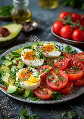 Healthy food. Avocado, boiled egg and tomatoes salad