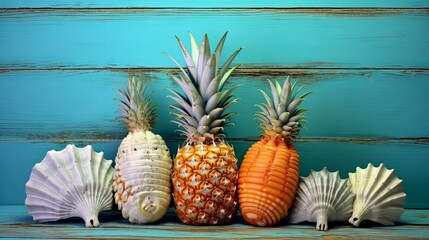 Three pineapples and two seashells on a blue wooden background