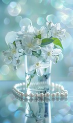   A vase holding white flowers sits atop a table, nearby pearls and a beaded bracelet rest