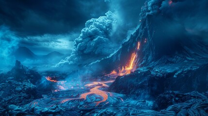 Lava Flowing Down a Rocky Mountainside During a Volcanic Eruption