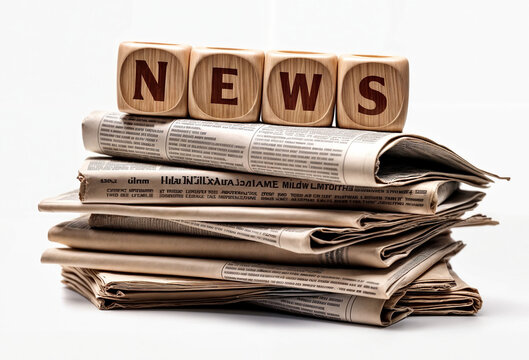 3d illustration render of a stack of newspapers with wooden blocks cube spelling the text word NEWS