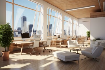 The sunlit office has a great view of the city